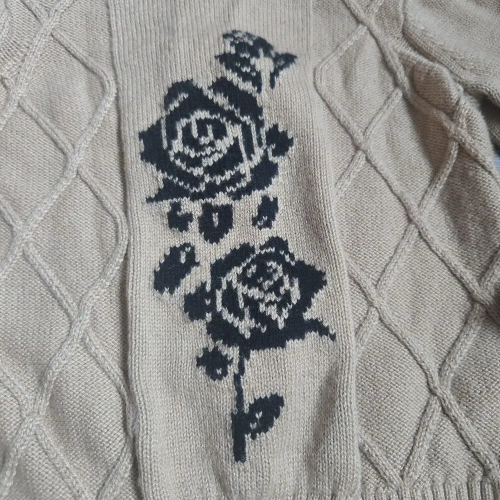 Janie and Jack Sweater 6-12M Tan Beige Cable Knit Floral Rose Mock Neck Puff Slv